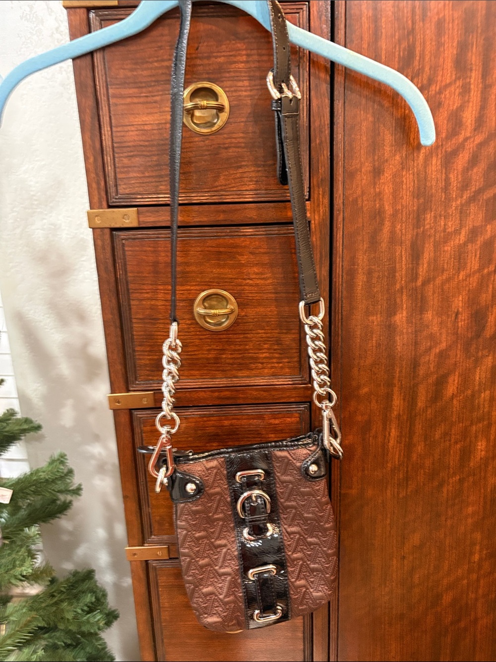 Brown Quilted Crossbody Bag with Black Patent Trim